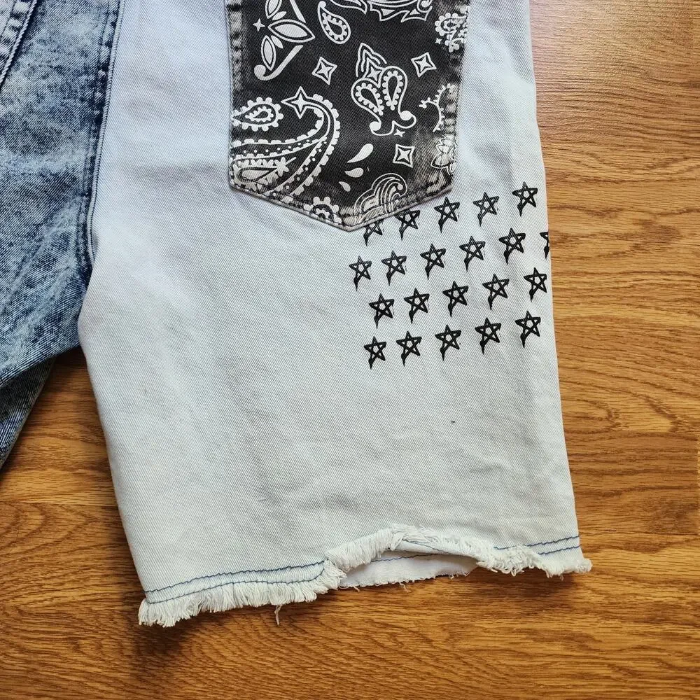 Rue 21 Supreme Flex Acid Wash Distressed Denim Patchwork Shorts Mens Size 38 New
